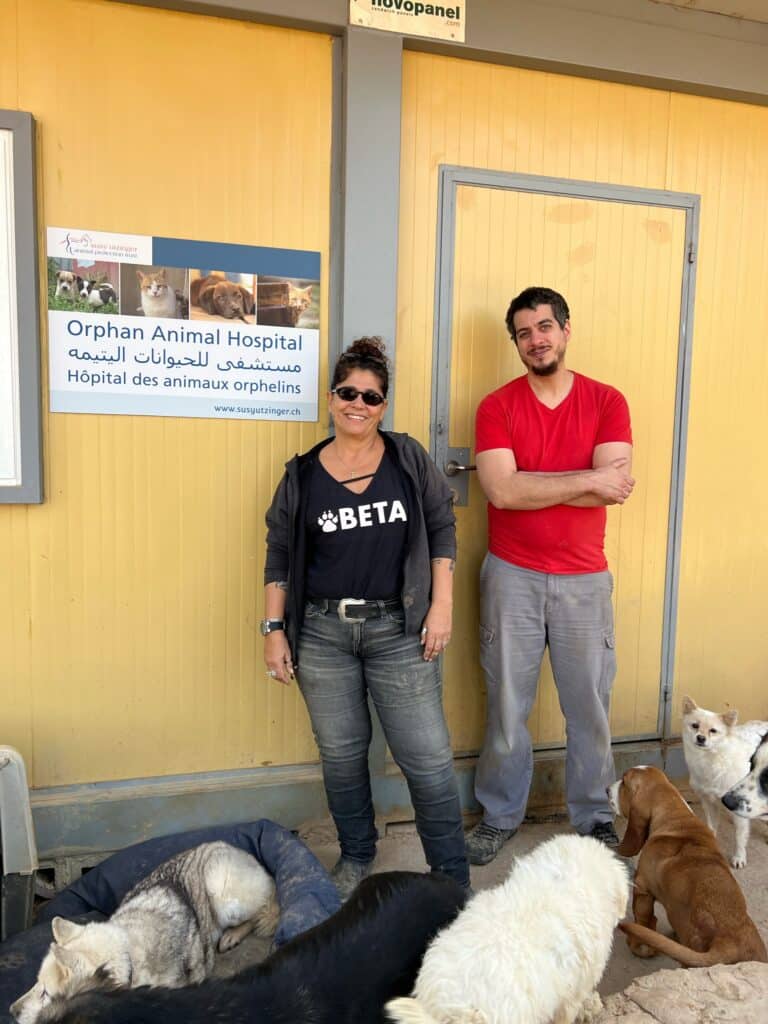 Eine Frau und ein Mann stehen vor dem Eingang des Orphan Animal Hospital, vor ihnen liegen Hunde