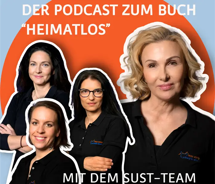 Cover Folge Nummer 10 des SUST Podcasts "Heimatlos" mit Regula Bieri, Corinne Frana und Nicole Amigo