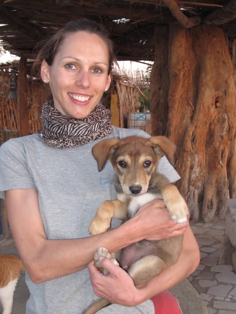 Eine lachende Tierärztin hält einen jungen Hund im Arm.
