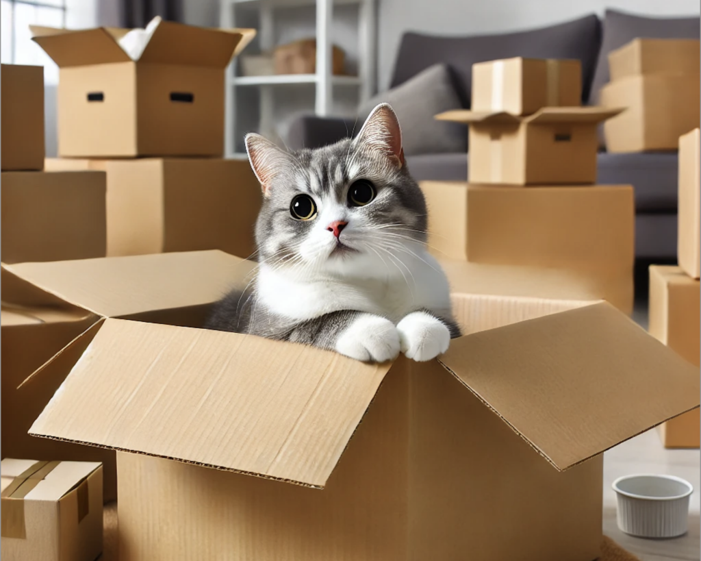 Zügeln ohne Katzenjammer - KI-generiertes Bild einer Katze in einer Kartonschachtel