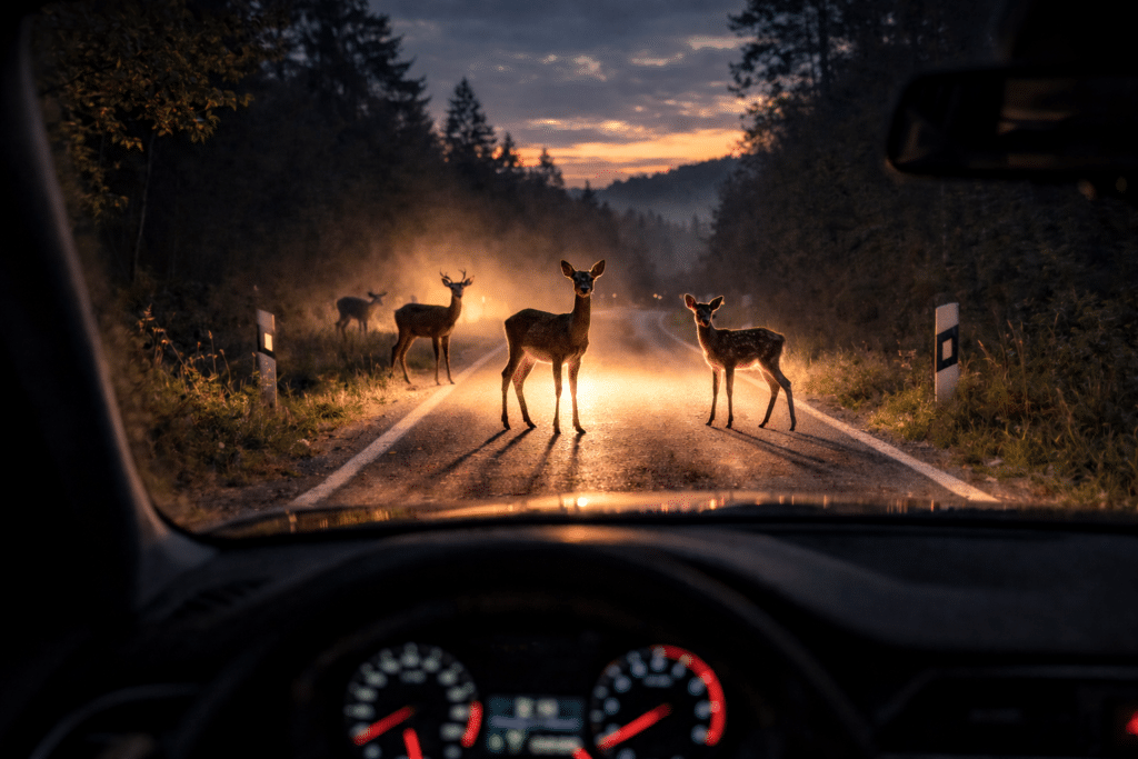 Wildtiere in der Dämmerung auf der Fahrbahn