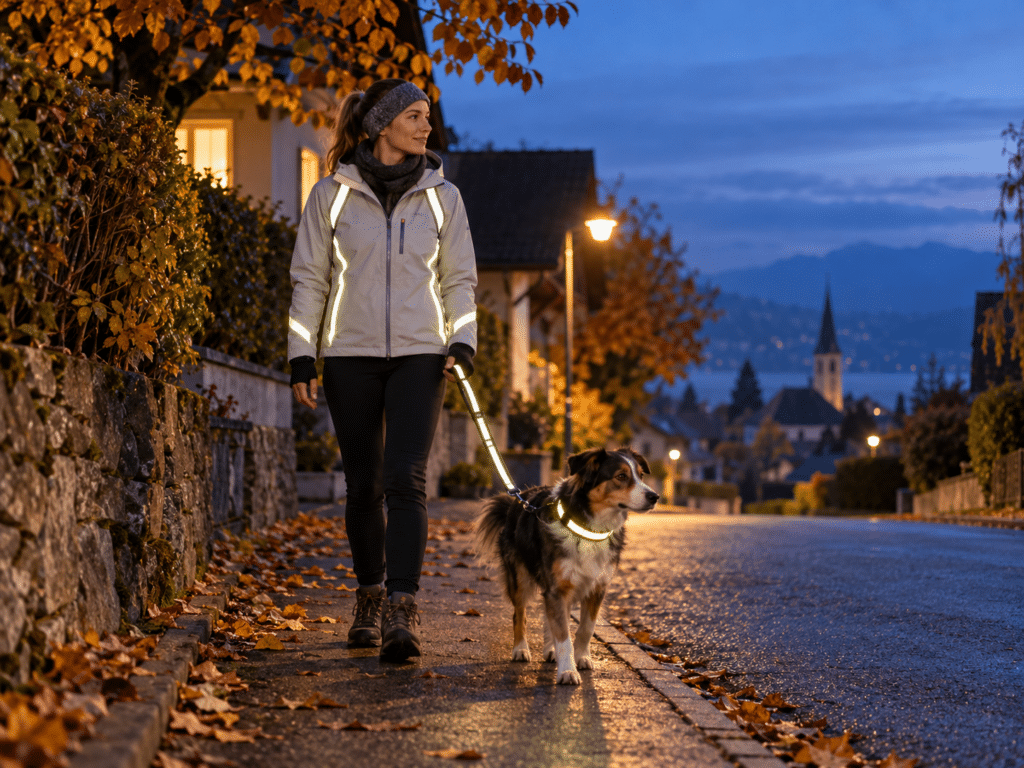Mensch und Hund mit Reflektoren