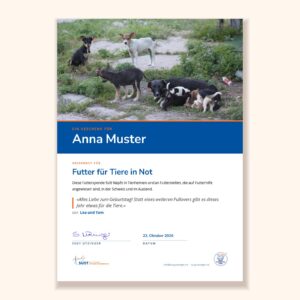 Muster der Urkunde «Futterspende Geschenk-Urkunde» der Susy Utzinger Stiftung für Tierschutz