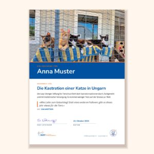 Muster der Urkunde «Geschenk-Urkunde für Kastrationen ungarischer Katzen» der Susy Utzinger Stiftung für Tierschutz