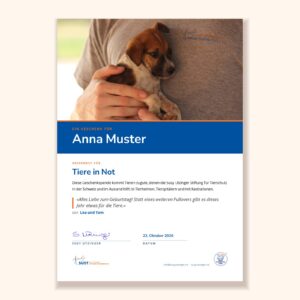 Muster der Urkunde «Geschenkspende-Urkunde» der Susy Utzinger Stiftung für Tierschutz
