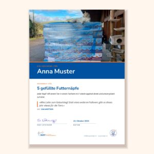 Muster der Urkunde «Virtueller Futternapf - Tierheimunterstützung (diverse Länder)» der Susy Utzinger Stiftung für Tierschutz